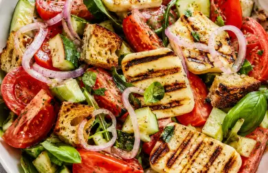 Panzanella s halloumi sýrem a krutonky z kváskového chleba