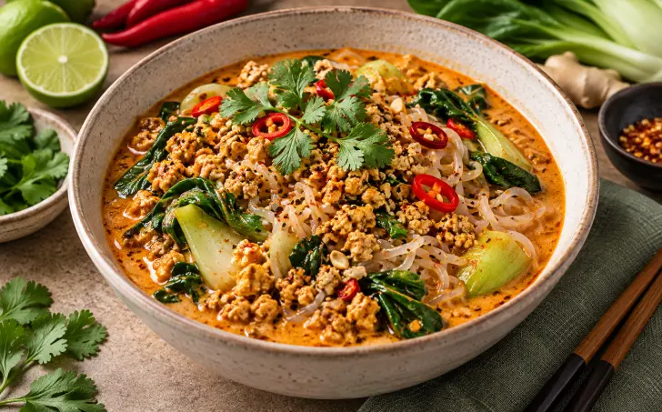 Tofu na červeném kari s konjakovými nudlemi a pak choi