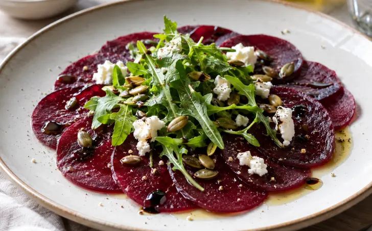 Repové carpaccio s kozím syrom, rukolou a tekvicovými semienkami