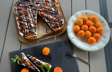 Tvarohový dortík na čokopiškotě s meruňkama