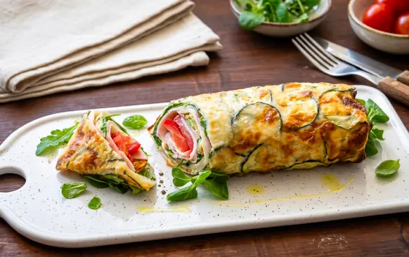 "TORTILLA"
Cuketu omyjte a nakrouhejte na tenká kolečka pomocí mandolíny nebo široké ploché škrabky.
Nasypte je na bavlněnou utěrku, výrazněji osolte a za občasného promnutí nechte vypotit 10-15 minut.
Cuketové plátky otřete od přebytečné vlhkosti a pak rovnoměrně rozložte na plech vyložený pečicím papírem, tak aby se na okrajích vzájemně lehce překrývaly. Na 2 porce vychází jeden plný plech o rozměrech cca 42 × 33 cm.
Rozmixujte vejce a cottage sýr. Směsí zalijte připravené cuketové plátky a navrch rovnoměrně posypte jemně nastrouhaným nízkotučným sýrem.
Vložte do trouby vyhřáté na 180 °C (horkovzduch) a pečte dozlatova cca 20 minut.
Pak nechte zchladnout a rozkrojte na 2 pláty.