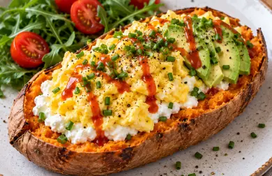 Raňajkový vege batát s cottage, avokádom a vajciami