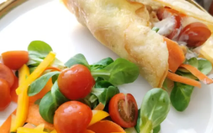 Sýrová tortilla plněná kuřecím masem, zeleninou a česnekovým dresinkem
