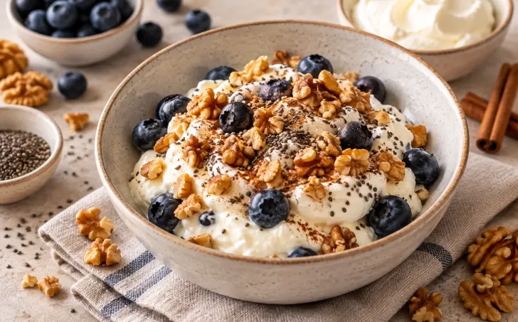 Krémový skyr s mascarpone, borůvkami a vlašskými ořechy