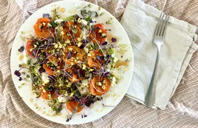 Mozzarella s grilovanými meruňkami, avokádovým krémem, štiplavými microgreens a pistáciemi